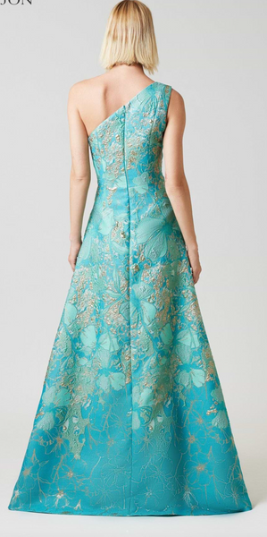 Teri Jon Metallic Jacquard Floral One Shoulder- Turq  Multi