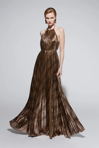 Halston Halter Pleated Gown- Copper