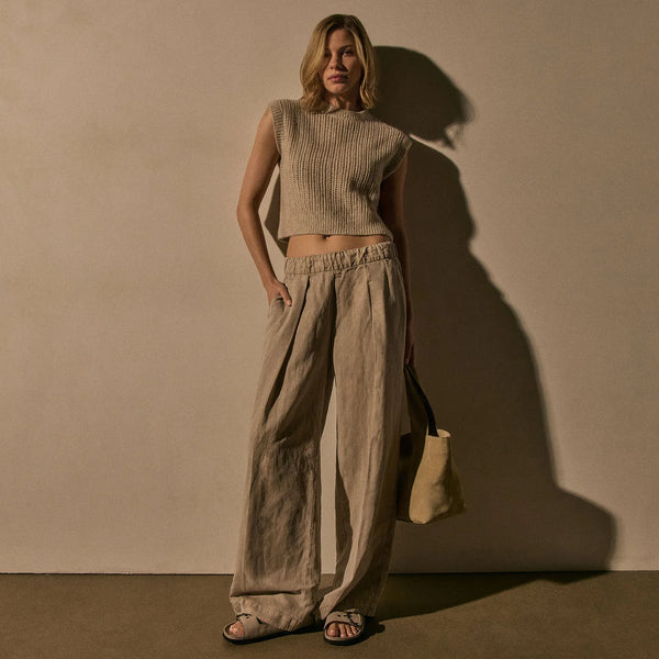 James Perse Soft Pleated Wide Leg Trouser- Grout