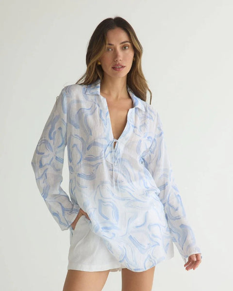 Bella Dahl Tie Front Tunic- Waves Floral Print