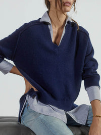 Brochu Walker V Neck Layered Pullover Sweater- Navy W/Stripe