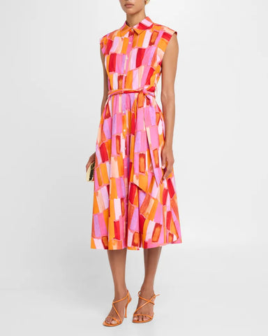 Milly Jules Sunset Tile Poplin Midi Dress- Pink Multi
