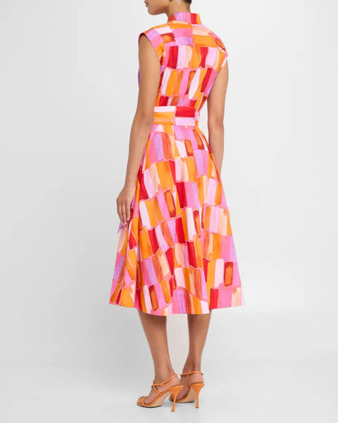 Milly Jules Sunset Tile Poplin Midi Dress- Pink Multi