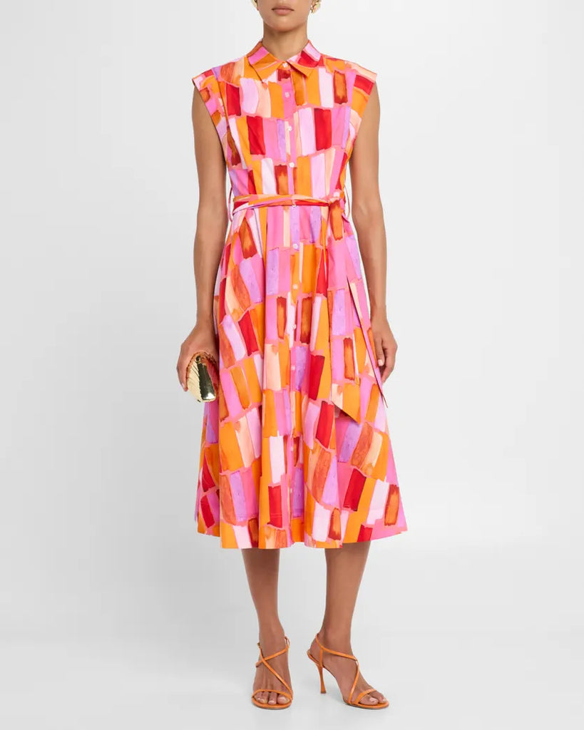 Milly Jules Sunset Tile Poplin Midi Dress- Pink Multi By Request Milly Jules Sunset Tile Poplin Midi Dress- Pink Multi By Request