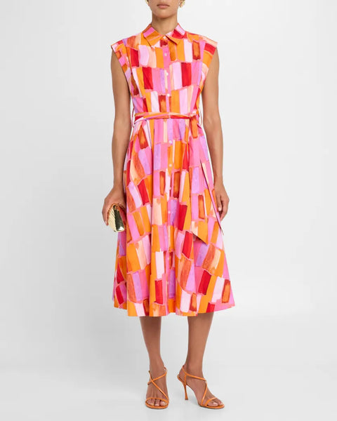 Milly Jules Sunset Tile Poplin Midi Dress- Pink Multi