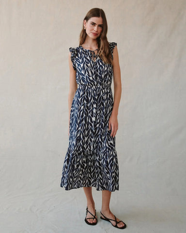 Bella Dahl Ruffle Midi Dress- Navy Leaves Print