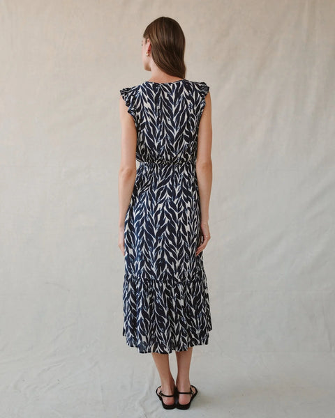 Bella Dahl Ruffle Midi Dress- Navy Leaves Print
