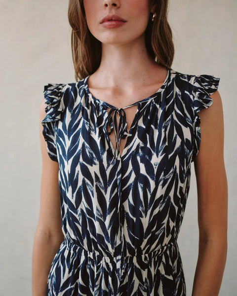 Bella Dahl Ruffle Midi Dress- Navy Leaves Print