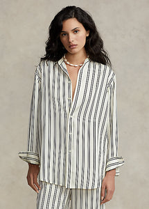 RL Oversize Fit Striped Satin Shirt- Black/Cream Stripe