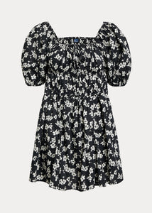 RL Floral Cotton Blouson-Sleeve Dress - Cream/Black