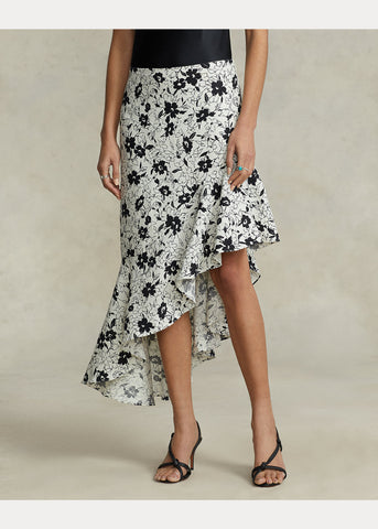 RL Floral Ruffled Asymmetrical Linen Skirt