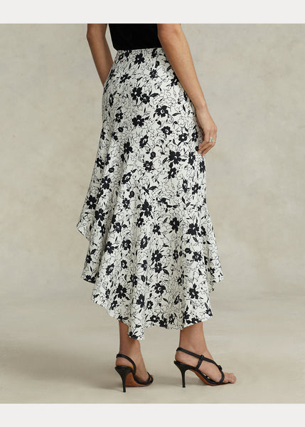 RL Floral Ruffled Asymmetrical Linen Skirt