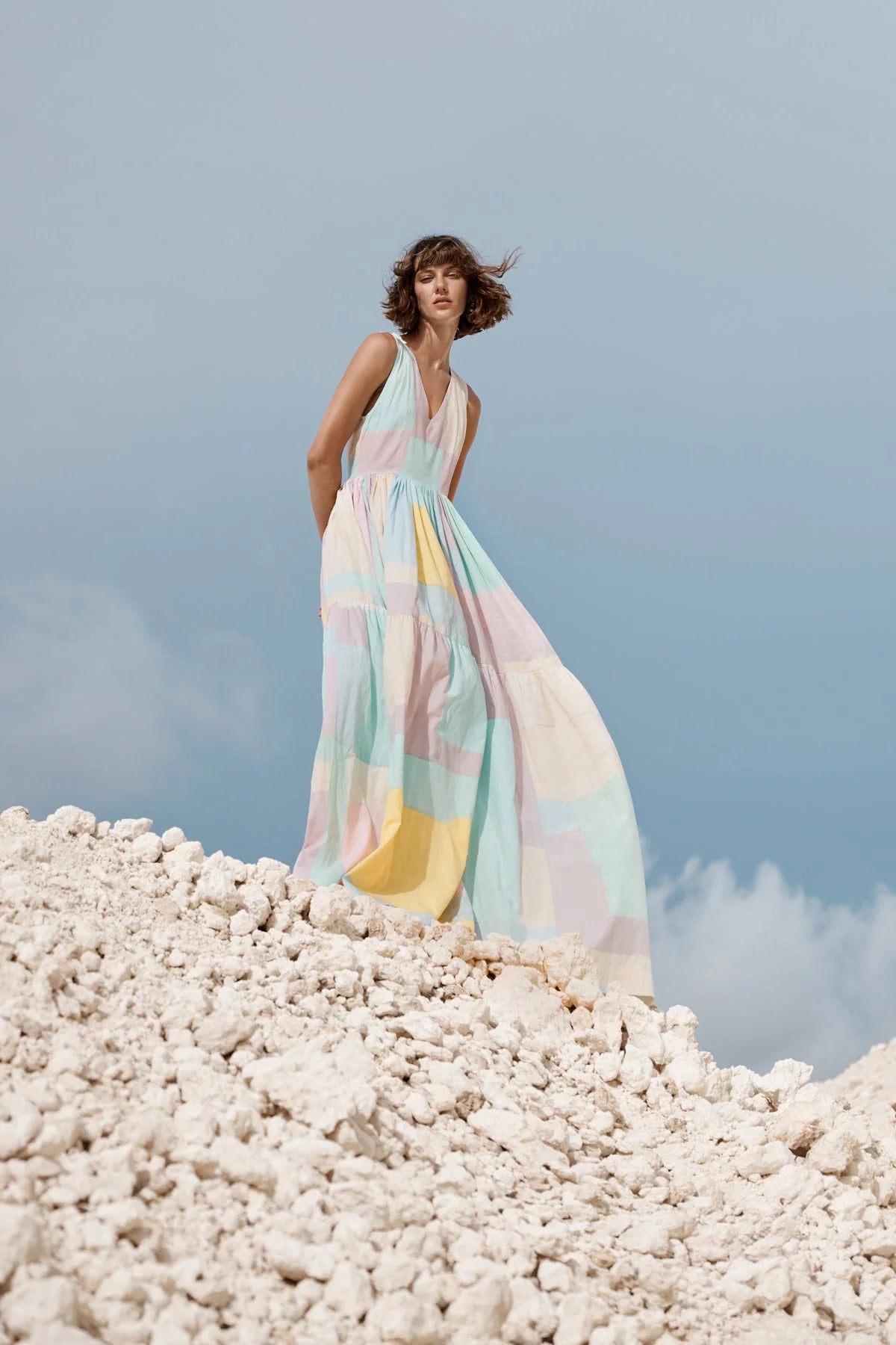 S W F V Neck Tiered Maxi Dress Pastel Patchwork