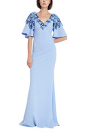 Badgley Mischka Beaded Flutter Slv Gown- Periwinkle