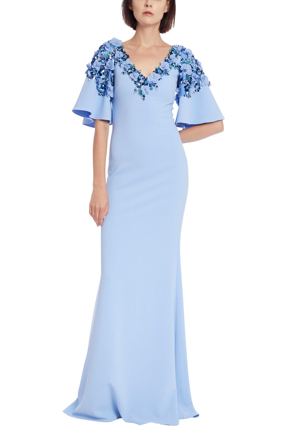 Badgley Mischka Beaded Flutter Slv Gown- Periwinkle Badgley Mischka Beaded Flutter Slv Gown- Periwinkle