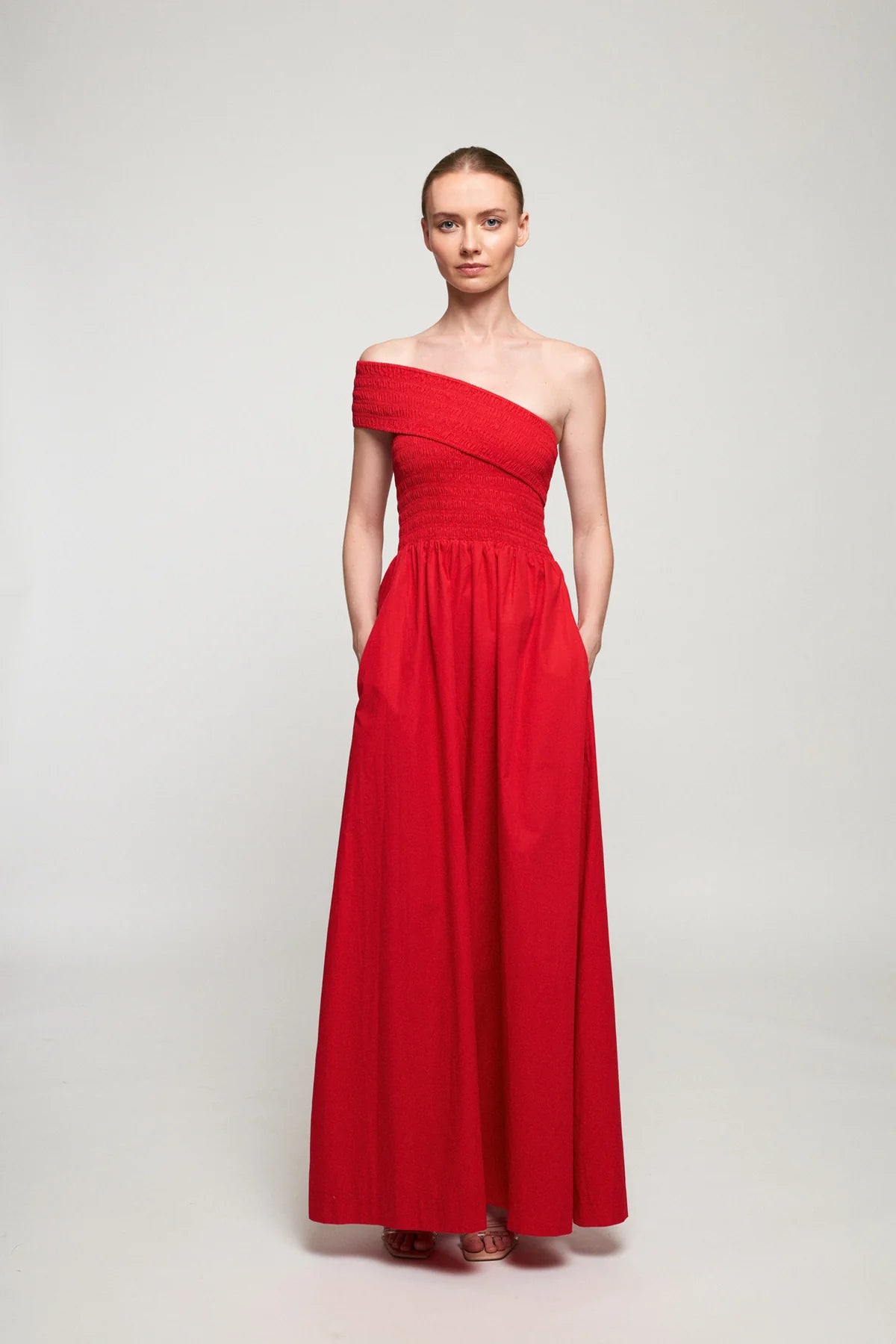 S/W/F One Shoulder Shirred Maxi Dress - Red